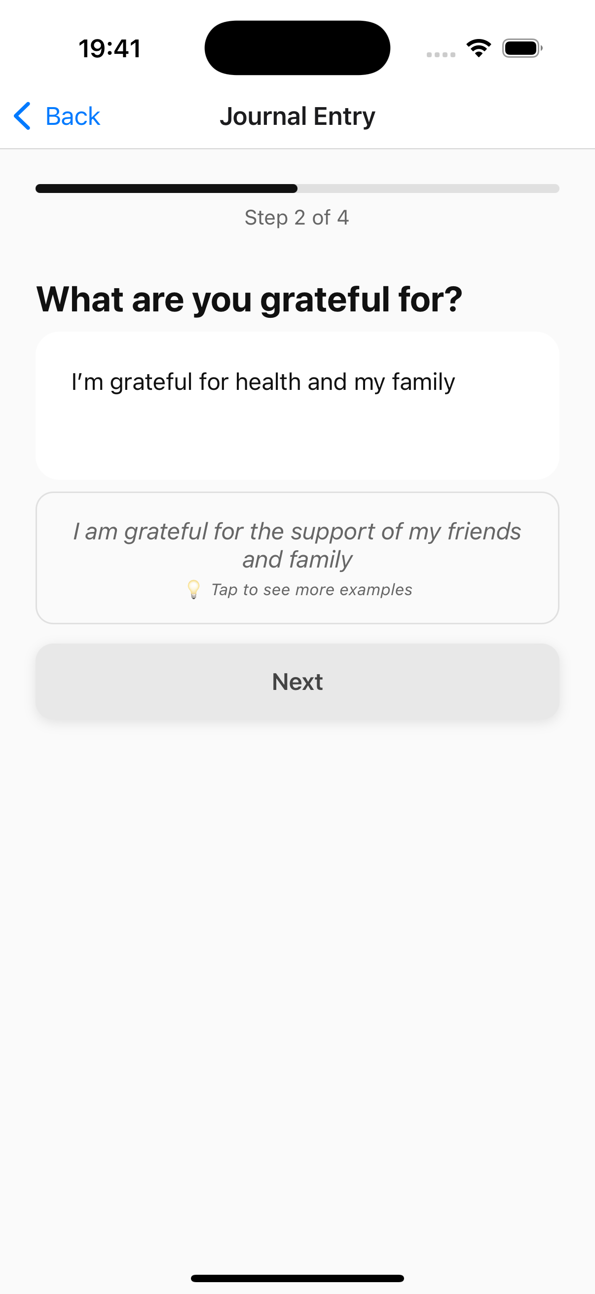 Gratitude reflection screen with guided questions