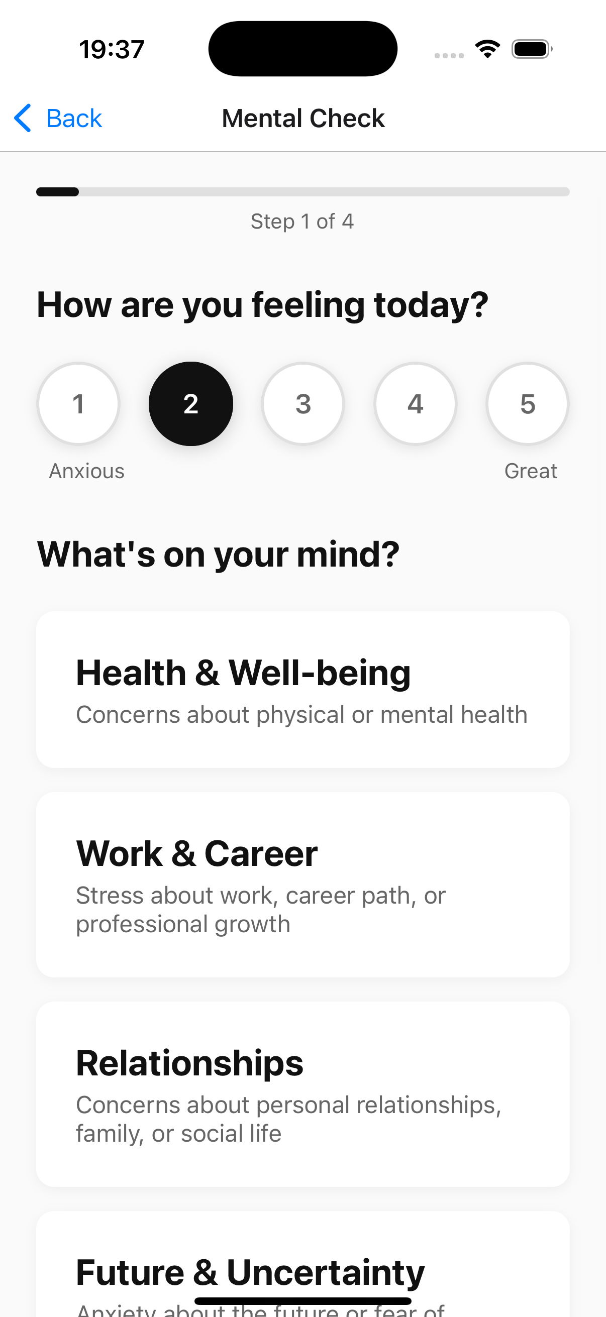 Mental health check-in screen with mood rating and concern selection